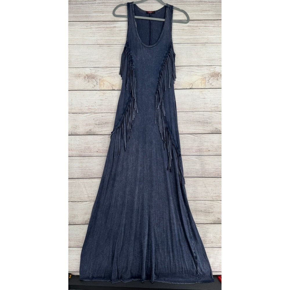 T-Party Maxi Dress Womens Small Navy Blue Fringe Mineral Wash Racerback VR550104